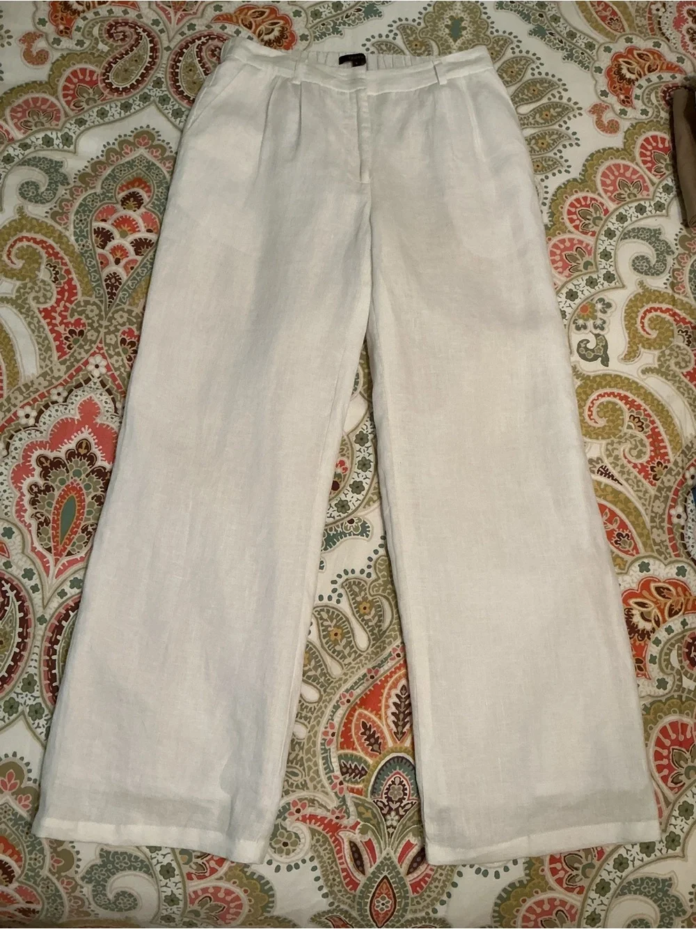 Quince White 100% European Linen Pleated Wide-Leg Trousers Fully Lined, Size 6